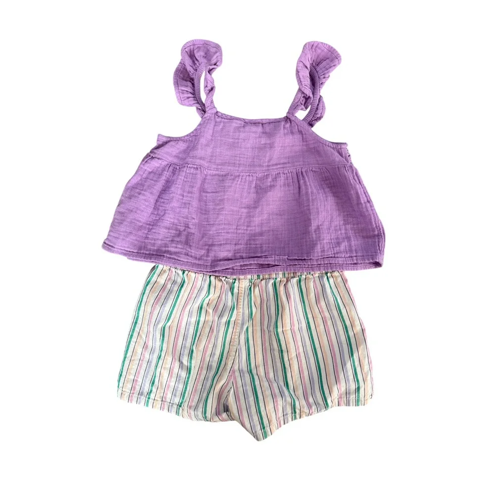 Gap Kids Girls Purple Gauze Ruffle Crochet Top and Striped Shorts Set Size 8-10